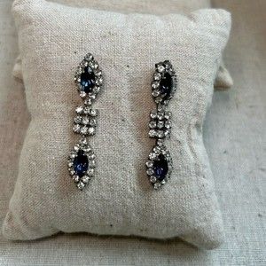 Vintage drop style rhinestone earrings sapphire blue stones & clear crys…